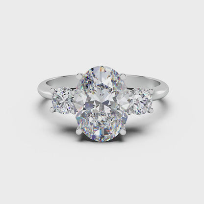 2ct Oval Lab Diamond Trilogy Ring with Round Side Diamonds - E/VVS Platinum