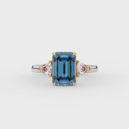 3ct Blue Emerald Lab Diamond Trilogy Ring Trillion Side Diamonds - E/VVS 18K Gold