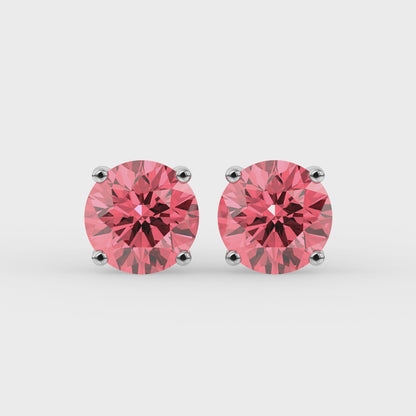 2ct Intense Pink Round Lab Diamond Solitaire Stud Earrings - E/VVS 14K Gold
