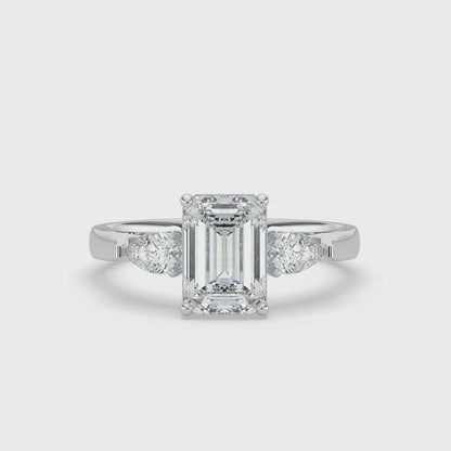 2ct Emerald Lab Diamond Trilogy Engagement Ring with Pear Side Diamonds - E/VVS 14K Gold
