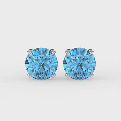 2ct Intense Blue Round Lab Diamond Solitaire Stud Earrings - E/VVS 14K Gold