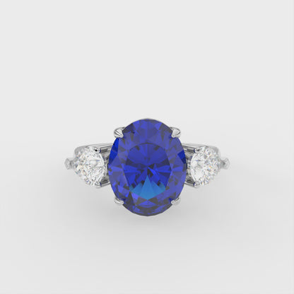 3ct Blue Oval Lab Sapphire Trilogy Ring Pear with Side Diamonds 18K Gold