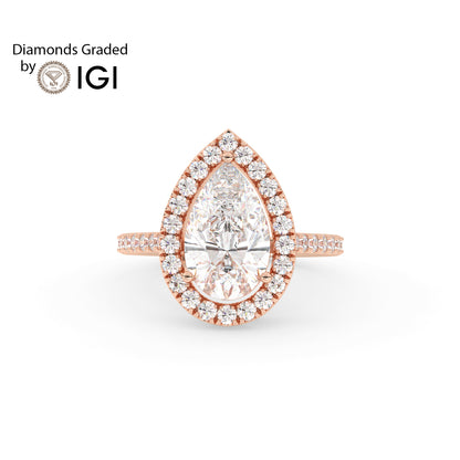 3ct Pear Lab Diamond Halo Engagement Ring - E/VVS 18K Gold
