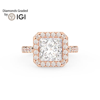 3ct Princess Lab Diamond Halo Engagement Ring - E/VVS 18K Gold