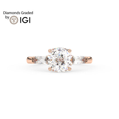2ct Cushion Lab Diamond Trilogy Ring with Baguette Side Diamonds - E/VVS 18K Gold