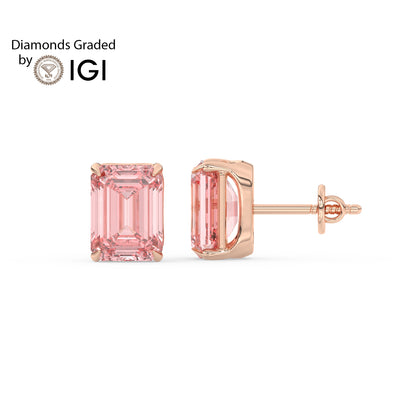 2ct Intense Pink Emerald Lab Diamond Solitaire Stud Earrings - E/VVS 14K Gold