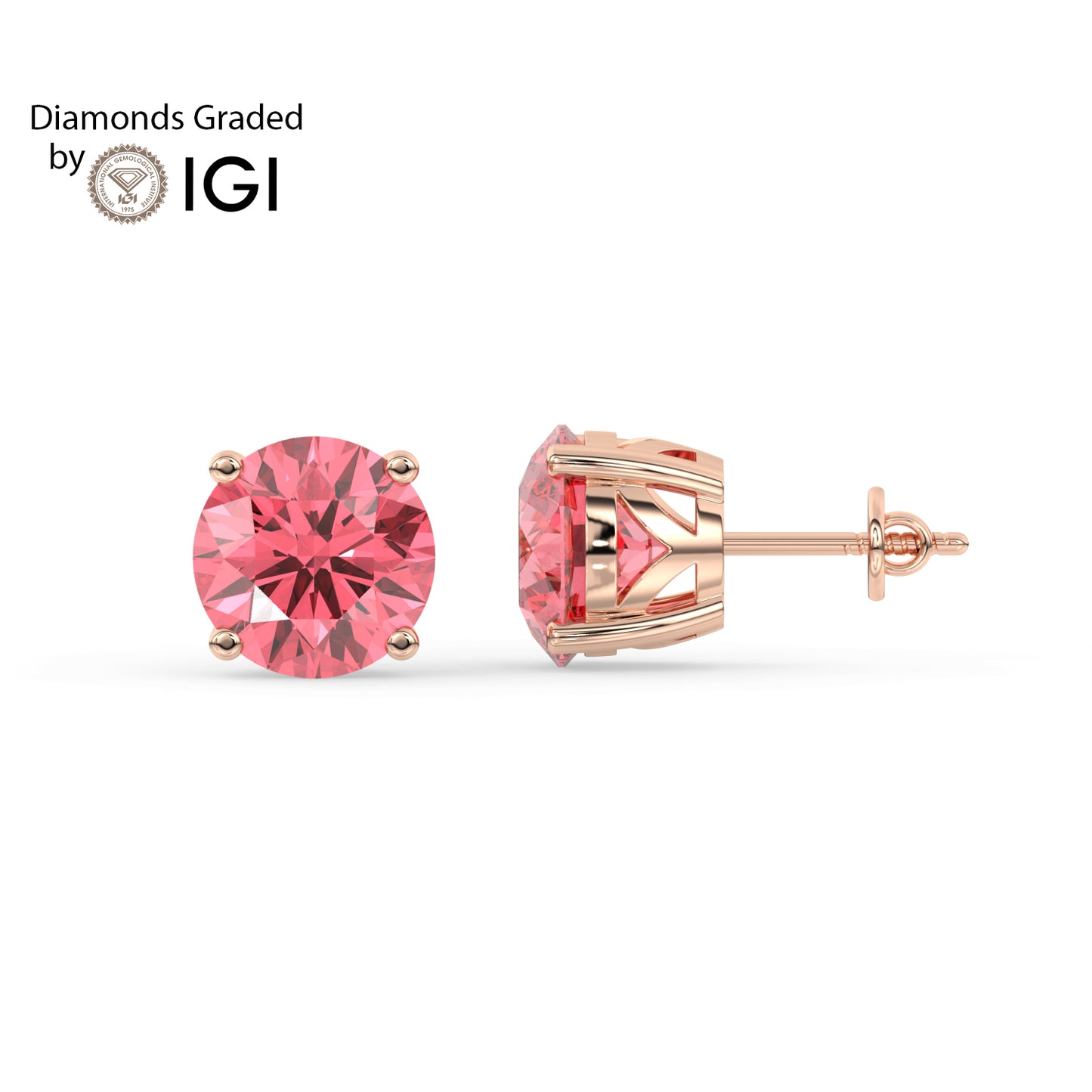 2ct Intense Pink Round Lab Diamond Solitaire Stud Earrings - E/VVS 14K Gold