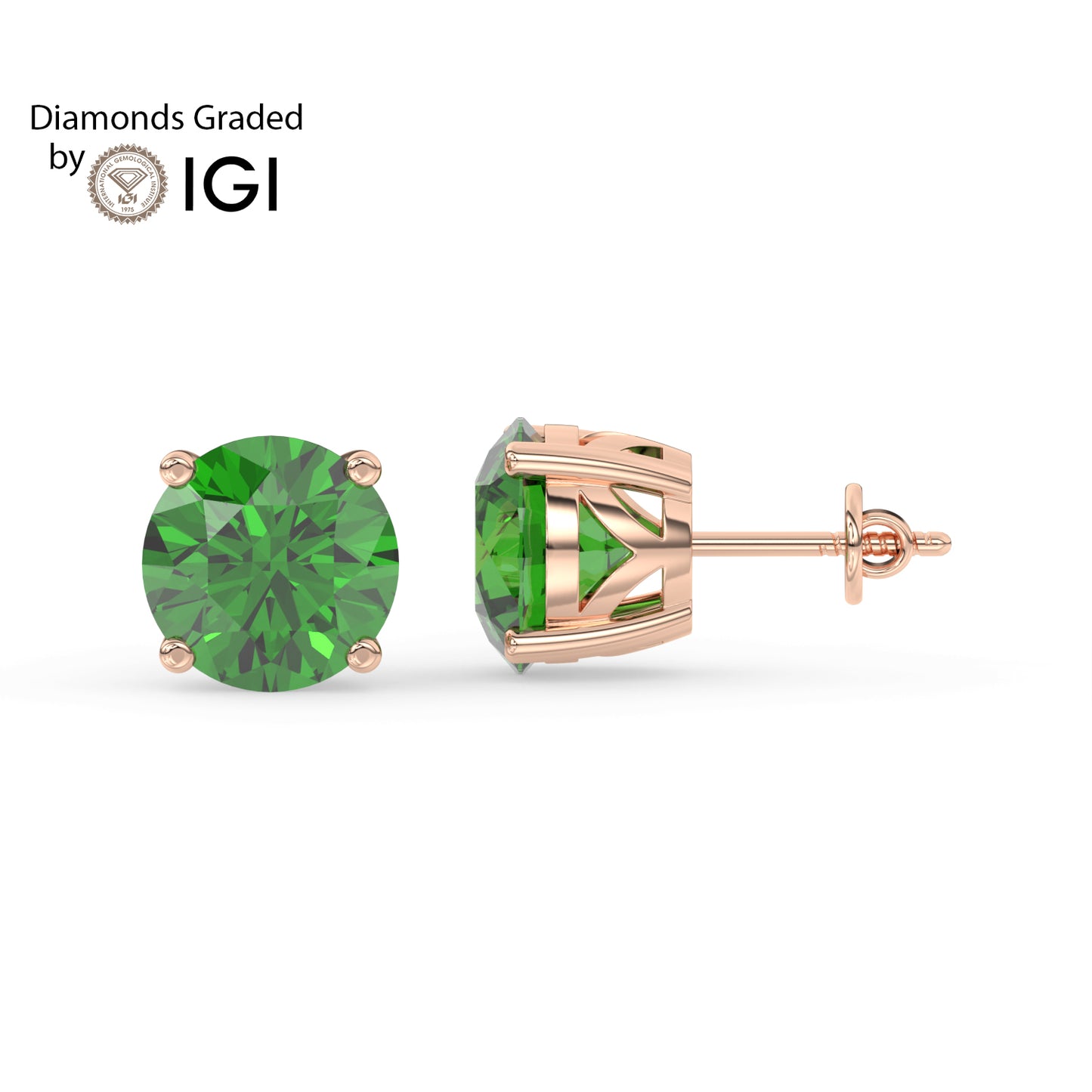 2ct Round Lab Emerald Solitaire Stud Earrings - E/AAA 14K Gold