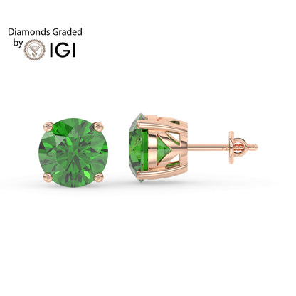 2ct Round Lab Emerald Solitaire Stud Earrings - E/AAA 14K Gold