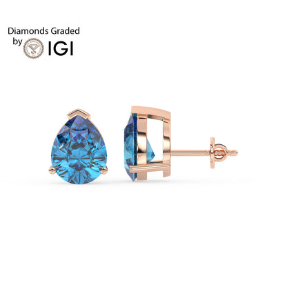 2ct Intense Blue Pear Lab Diamond Solitaire Stud Earrings - E/VVS 14K Gold