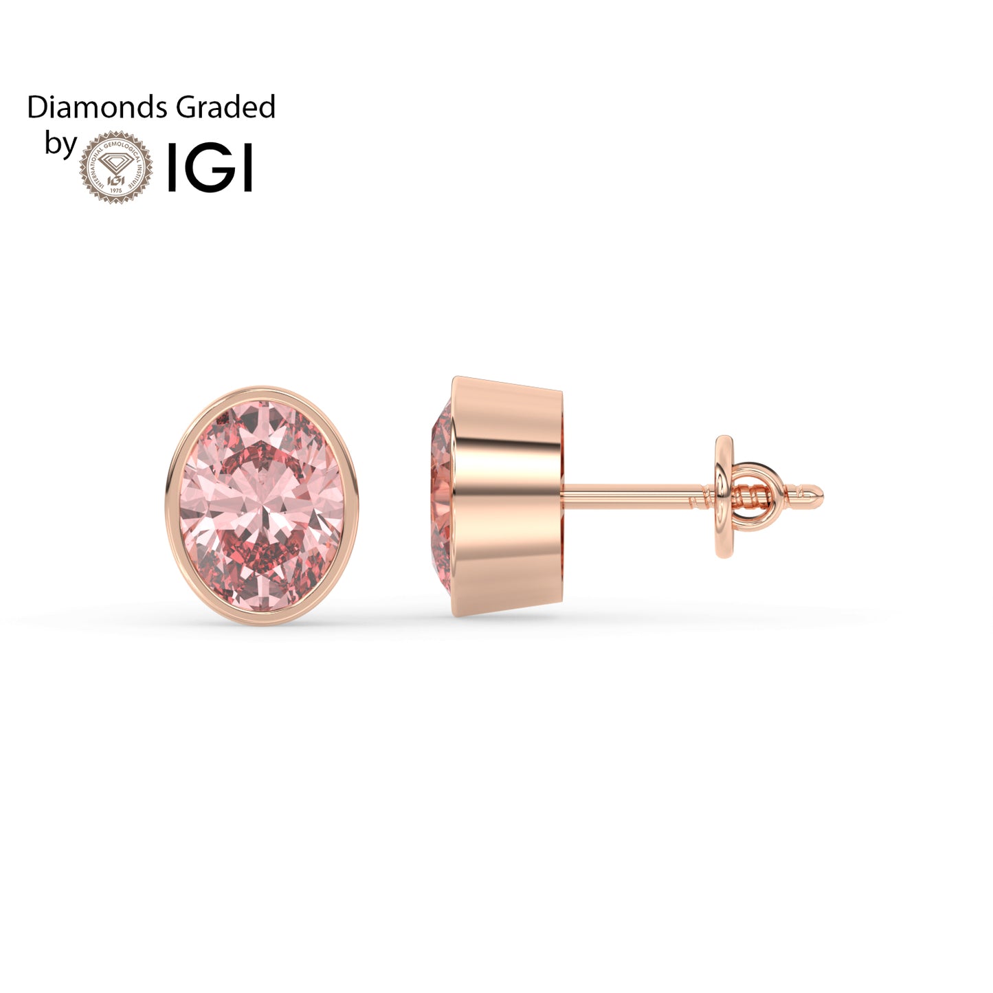 2ct Intense Pink Oval Lab Diamond Solitaire Stud Earrings - E/VVS 14K Gold