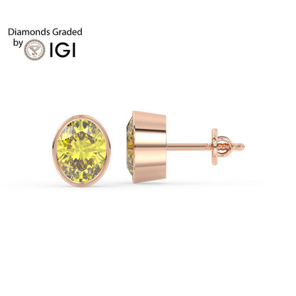2ct Intense Yellow Oval Lab Diamond Solitaire Stud Earrings - E/VVS 14K Gold