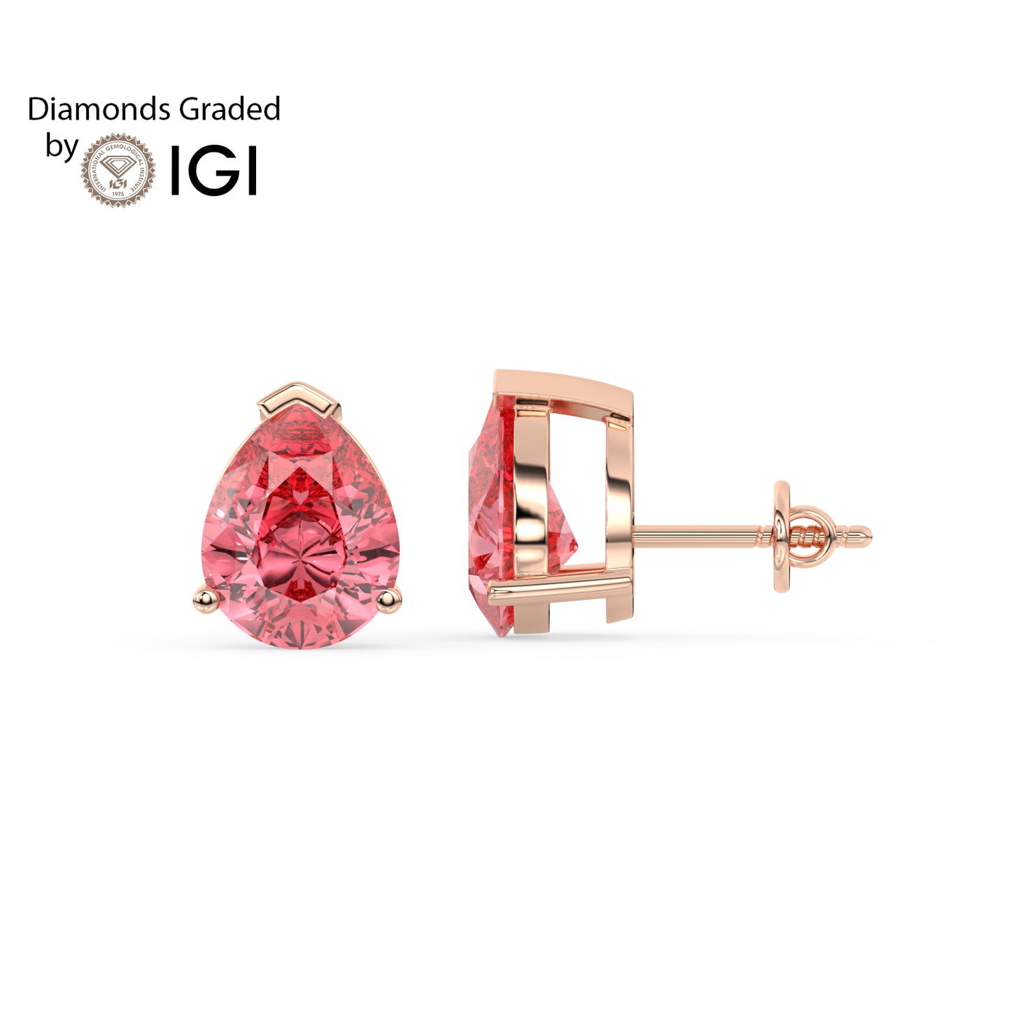 2ct Intense Pink Pear Lab Diamond Solitaire Stud Earrings - E/VVS 14K Gold