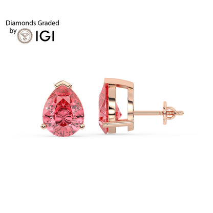 2ct Intense Pink Pear Lab Diamond Solitaire Stud Earrings - E/VVS 14K Gold