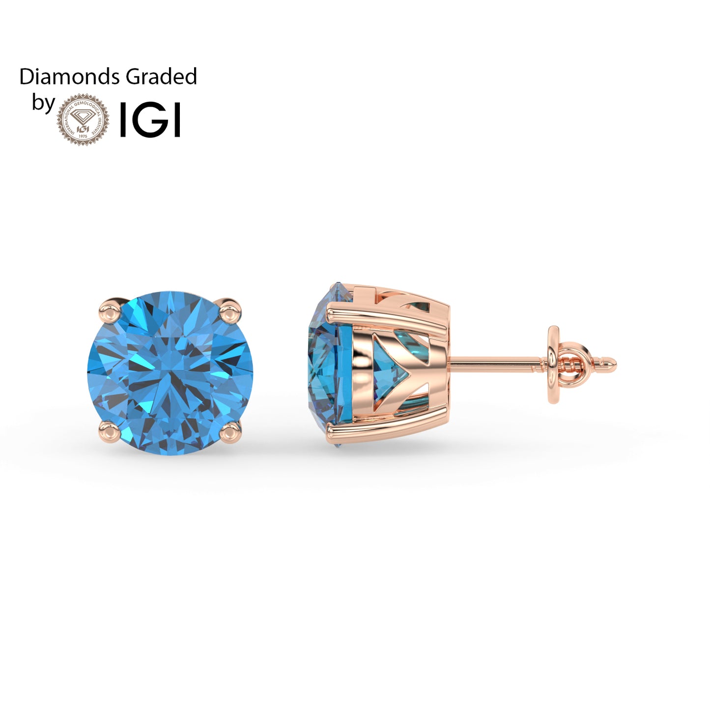 2ct Intense Blue Round Lab Diamond Solitaire Stud Earrings - E/VVS 14K Gold