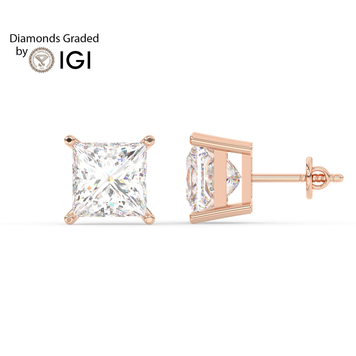2ct Princess Lab Diamond Solitaire Stud Earrings - E/VVS 14K Gold