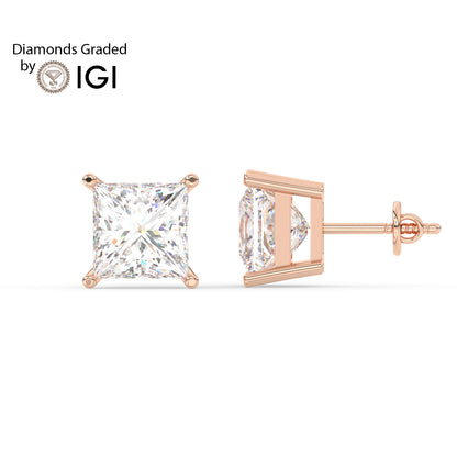 2ct Princess Lab Diamond Solitaire Stud Earrings - E/VVS 14K Gold