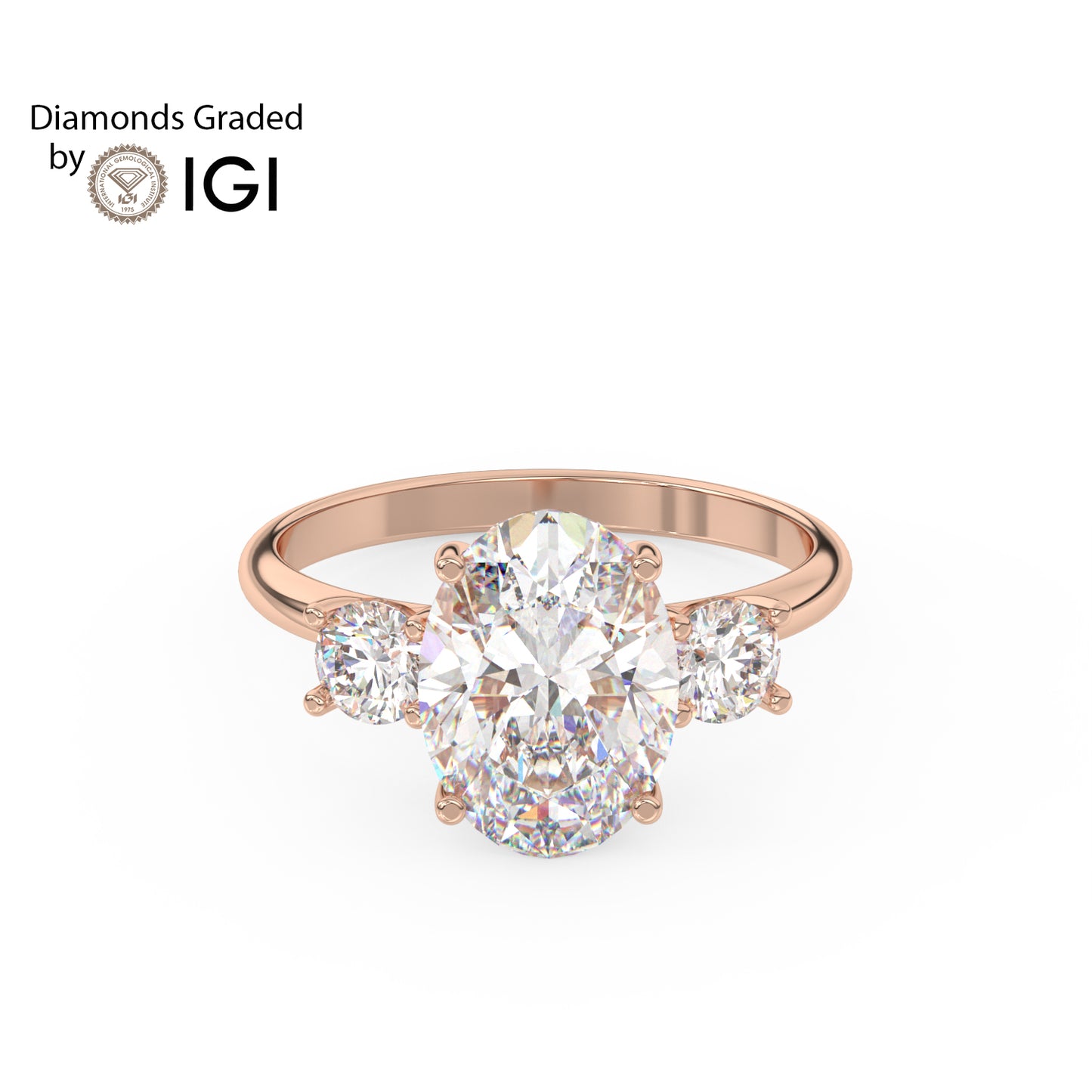 3ct Oval Lab Diamond Trilogy Ring with Round Side Diamonds - E/VVS 18K Gold