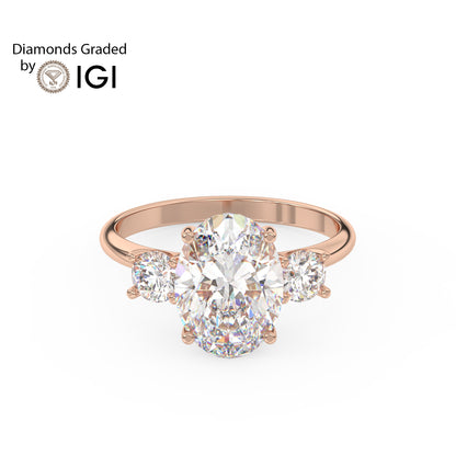 3ct Oval Lab Diamond Trilogy Ring with Round Side Diamonds - E/VVS 18K Gold