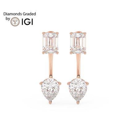 4ct Emerald and Pear Drop Lab Diamond Earrings E VVS 18K Gold