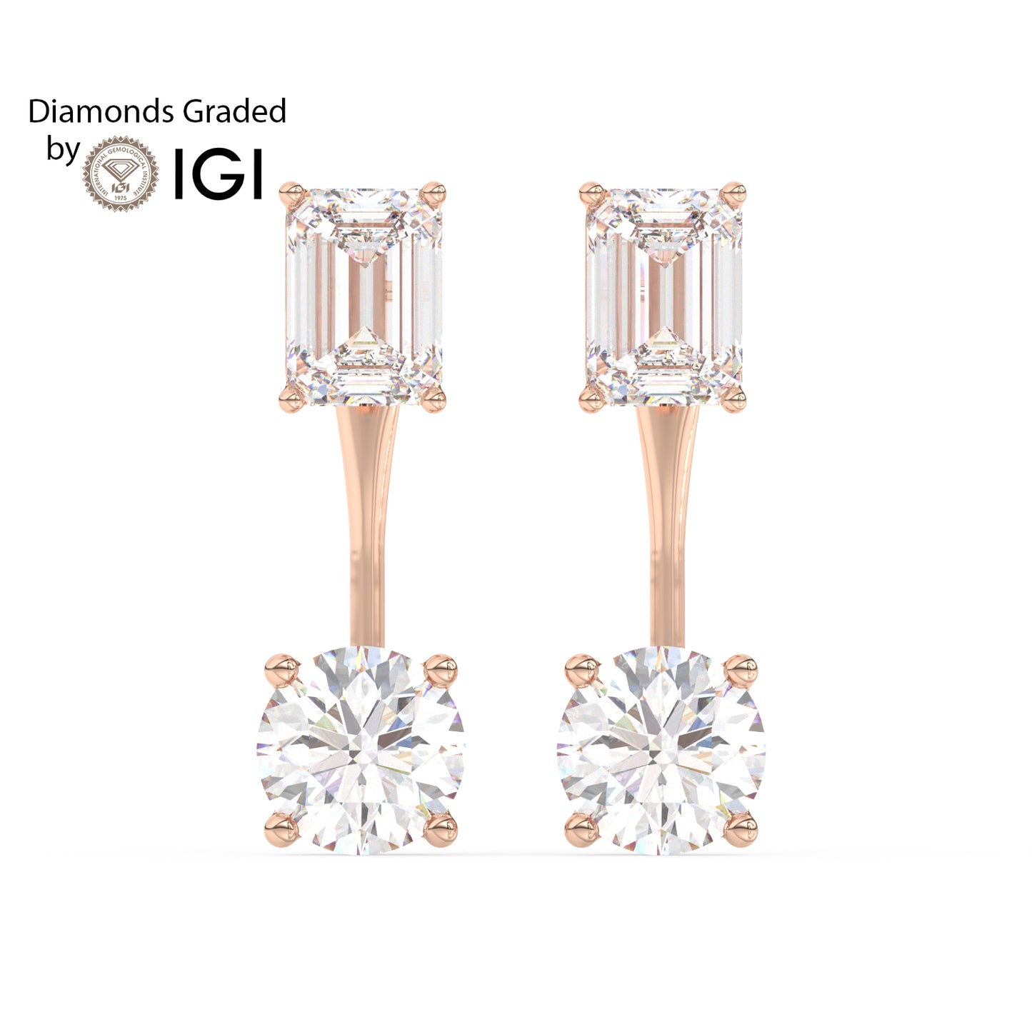 4ct Emerald and Round Drop Lab Diamond Earrings E VVS 18K Gold