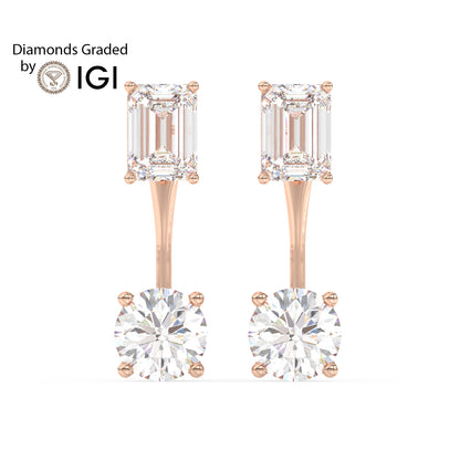 4ct Emerald and Round Drop Lab Diamond Earrings E VVS 18K Gold