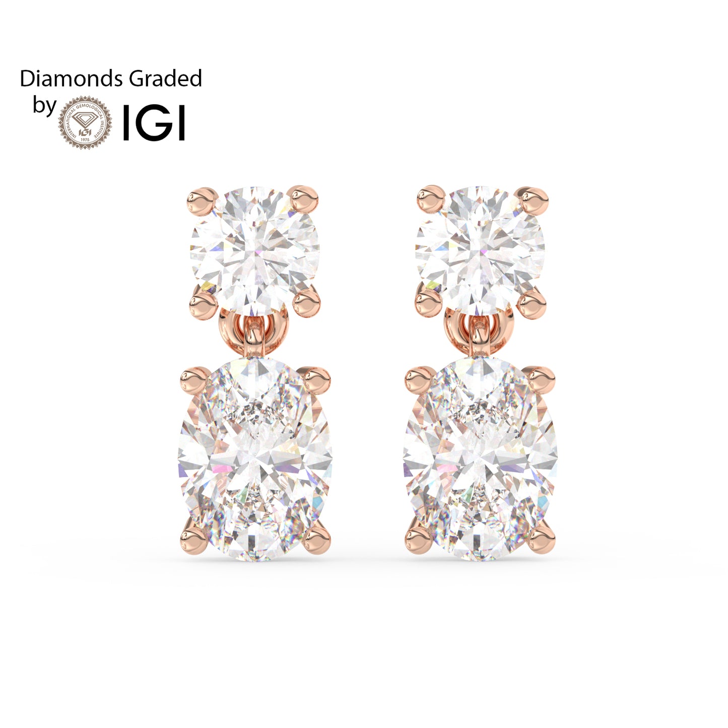 3ct Round and Oval Drop Lab Diamond Earrings E VVS 18K Gold
