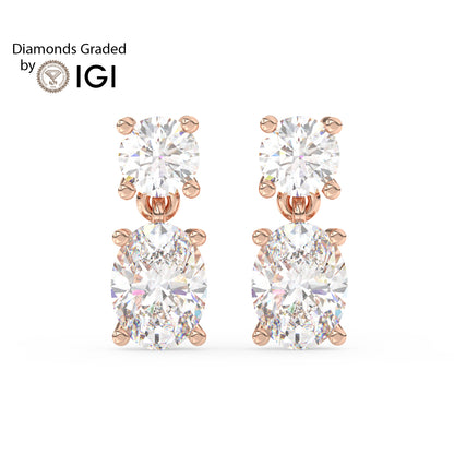 3ct Round and Oval Drop Lab Diamond Earrings E VVS 18K Gold