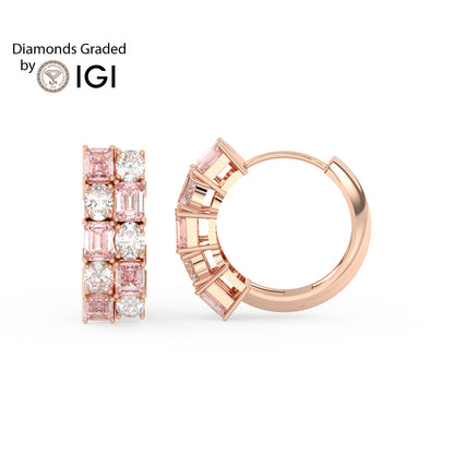 3ct Vivid Pink Oval and Emerald Hoop Lab Diamond Earrings E VVS 18K Gold
