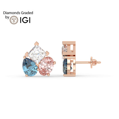 6ct Pear, Oval, and Princess Coloured Lab Diamond Earrings E VVS 18K Gold
