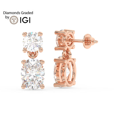 3ct Round and Oval Drop Lab Diamond Earrings E VVS 18K Gold