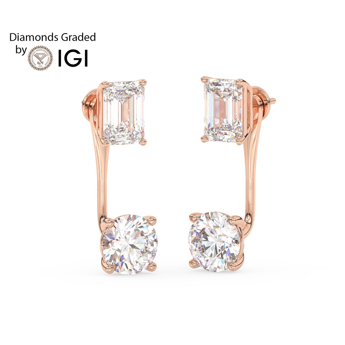 4ct Emerald and Round Drop Lab Diamond Earrings E VVS 18K Gold