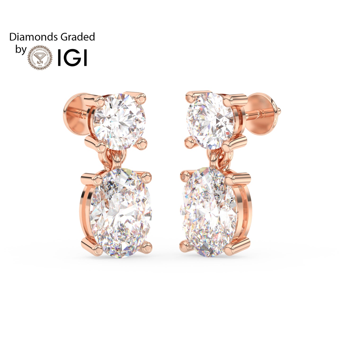 3ct Round and Oval Drop Lab Diamond Earrings E VVS 18K Gold
