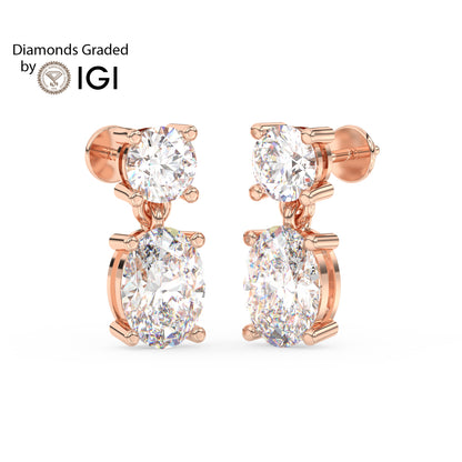 3ct Round and Oval Drop Lab Diamond Earrings E VVS 18K Gold
