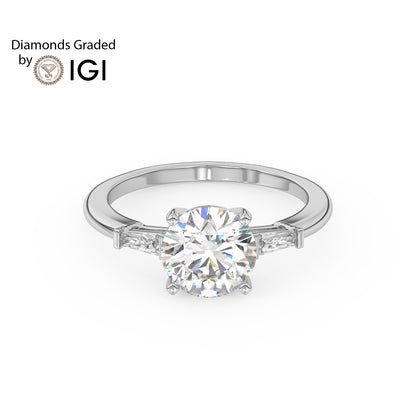 2ct Round Lab Diamond Trilogy Ring with Baguette Side Diamonds Platinum