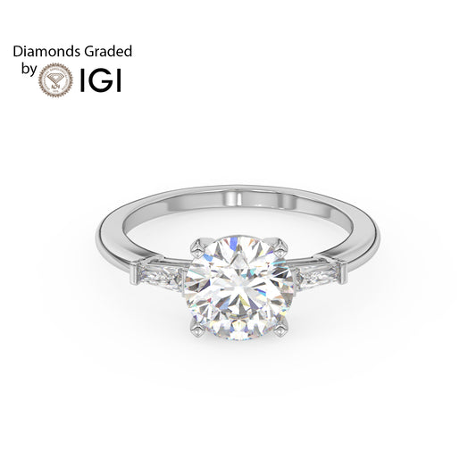 2ct Round Lab Diamond Trilogy Ring with Baguette Side Diamonds Platinum