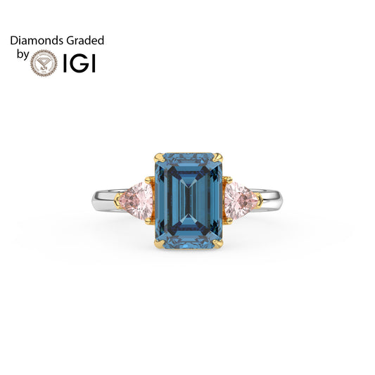 3ct Blue Emerald Lab Diamond Trilogy Ring Trillion Side Diamonds - E/VVS 18K Gold