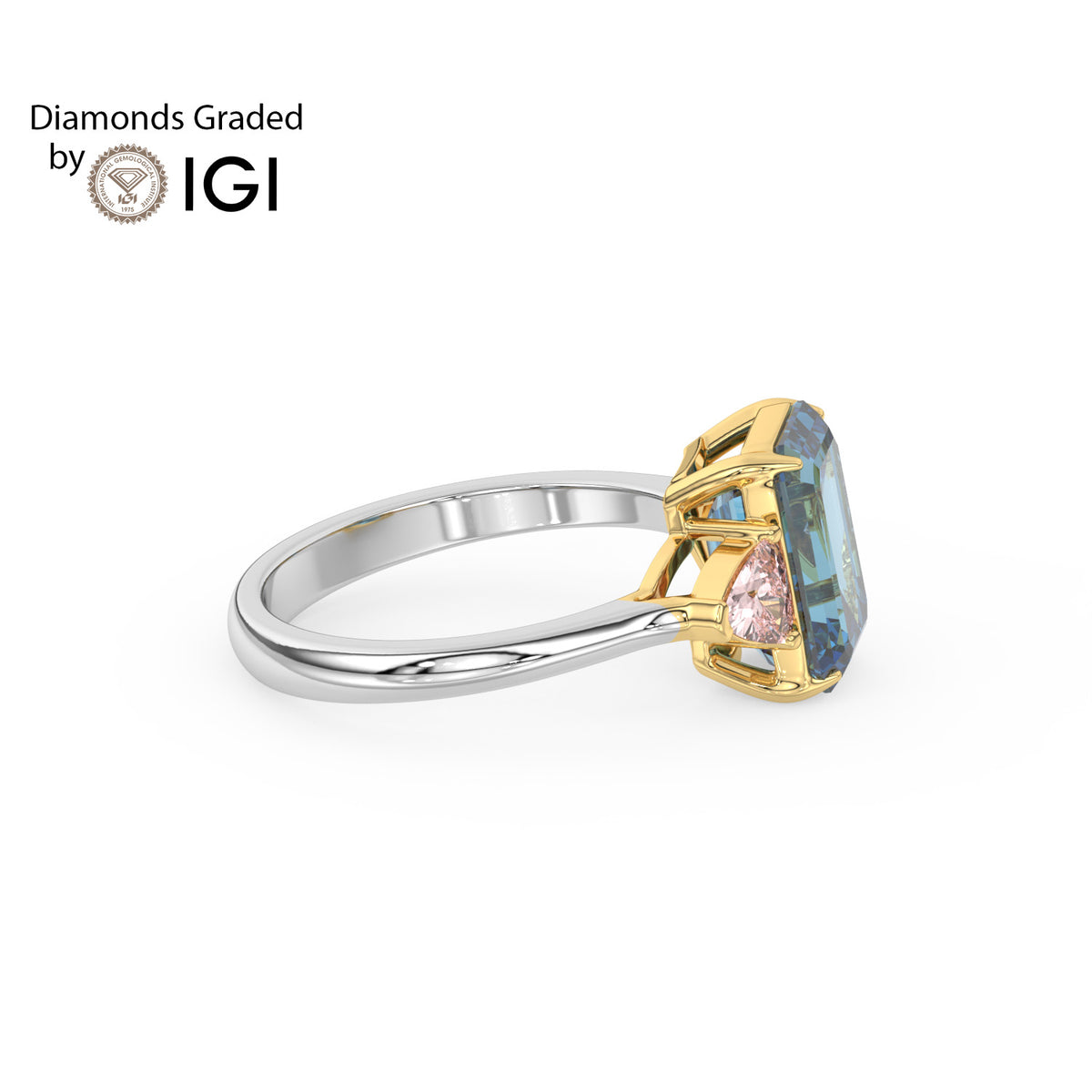 3ct Blue Emerald Lab Diamond Trilogy Ring Trillion Side Diamonds - E/VVS 18K Gold