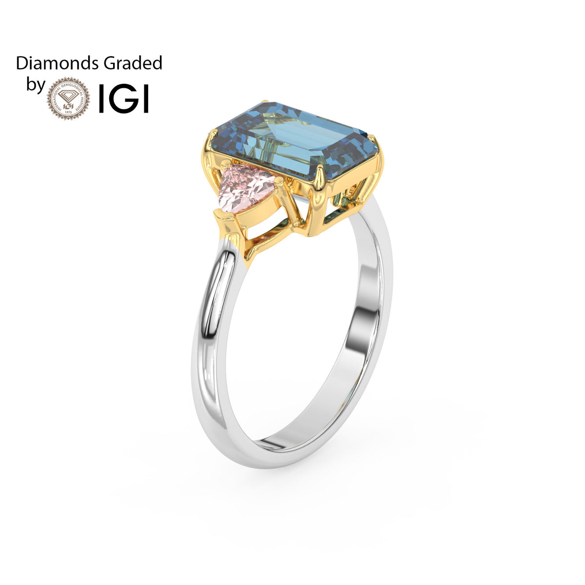 3ct Blue Emerald Lab Diamond Trilogy Ring Trillion Side Diamonds - E/VVS 18K Gold