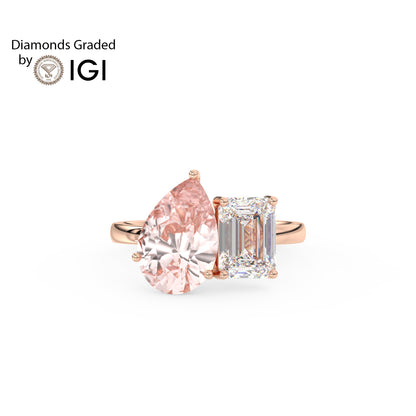 4.5ct Toi et Moi Vivid Pink Pear and Emerald Lab Diamond Ring - E/VVS 18K Gold