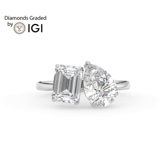 4ct Toi et Moi Pear and Emerald Lab Diamond Ring - E/VVS 14K Gold