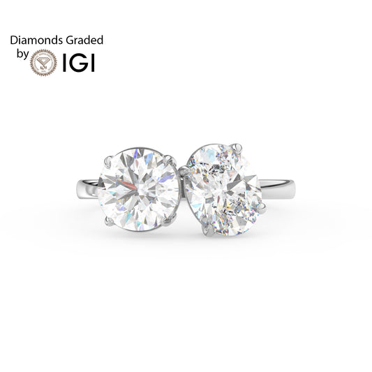 4ct Toi et Moi Round and Oval Lab Diamond Ring- E/VVS 14K Gold