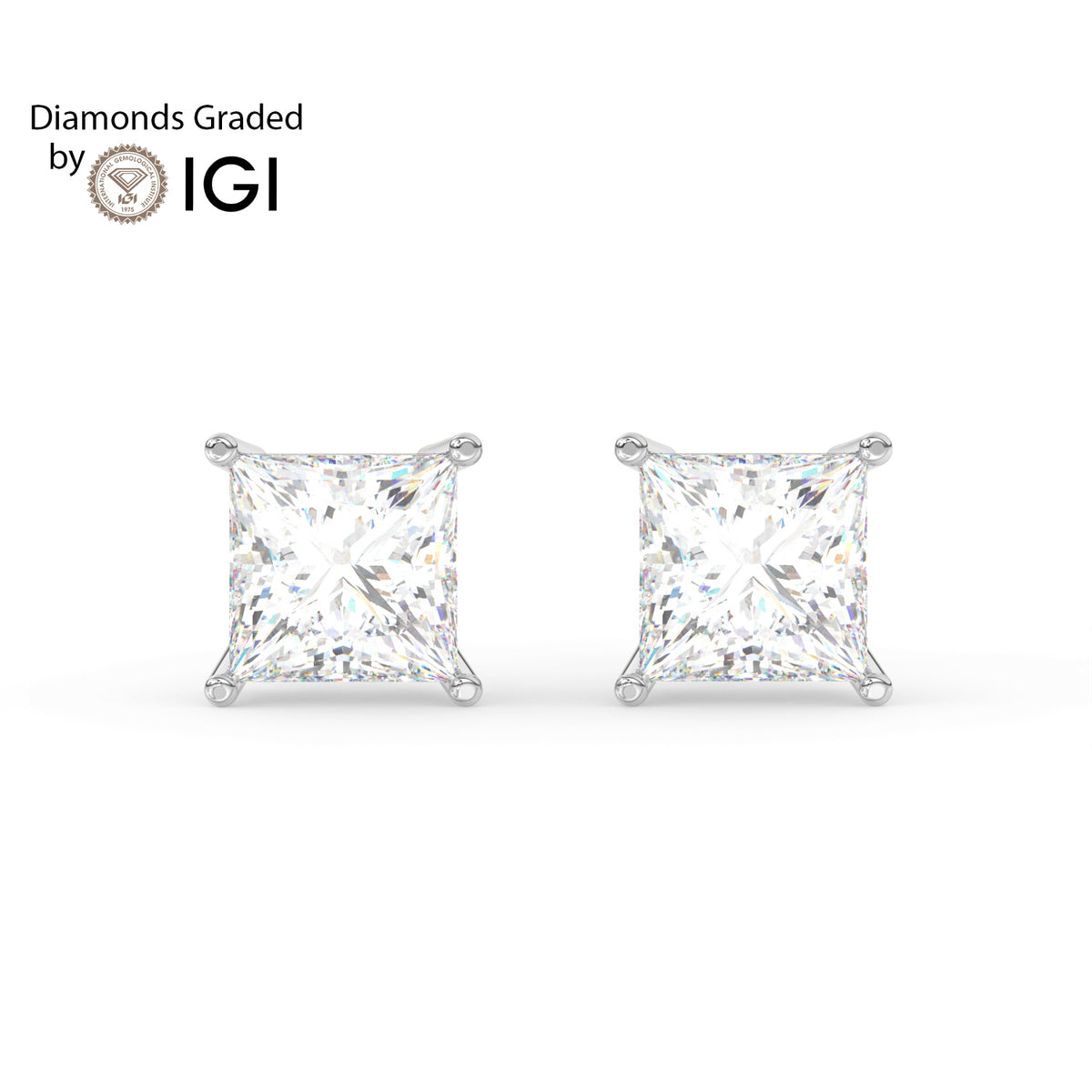 2ct Princess Lab Diamond Solitaire Stud Earrings - E/VVS 14K Gold
