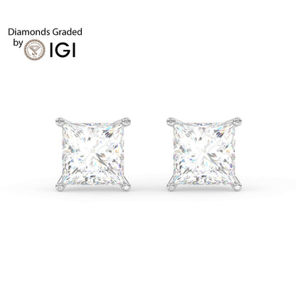 2ct Princess Lab Diamond Solitaire Stud Earrings - E/VVS 14K Gold