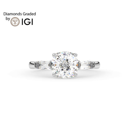2ct Round Lab Diamond Trilogy Ring with Baguette Side Diamonds - E/VVS 14K