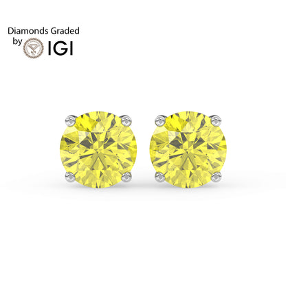 2ct Intense Yellow Round Lab Diamond Solitaire Stud Earrings - E/VVS 14K Gold