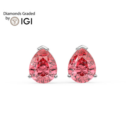2ct Intense Pink Pear Lab Diamond Solitaire Stud Earrings - E/VVS 14K Gold