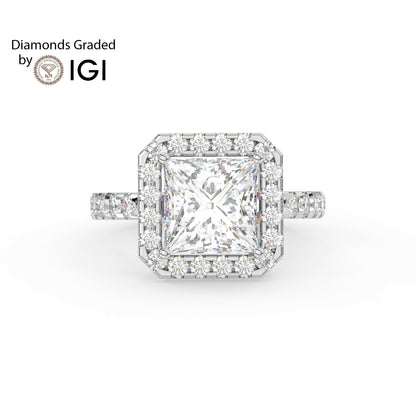 3ct Princess Lab Diamond Halo Engagement Ring - E/VVS 18K Gold