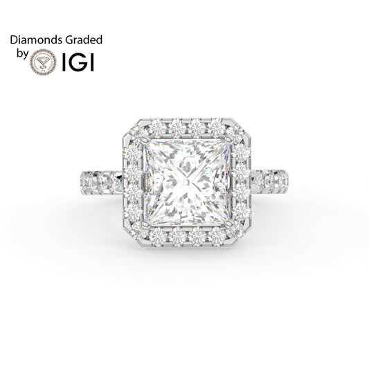 3ct Princess Lab Diamond Halo Engagement Ring - E/VVS 18K Gold