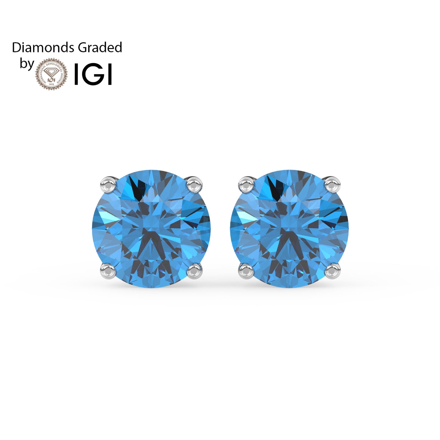 2ct Intense Blue Round Lab Diamond Solitaire Stud Earrings - E/VVS 14K Gold